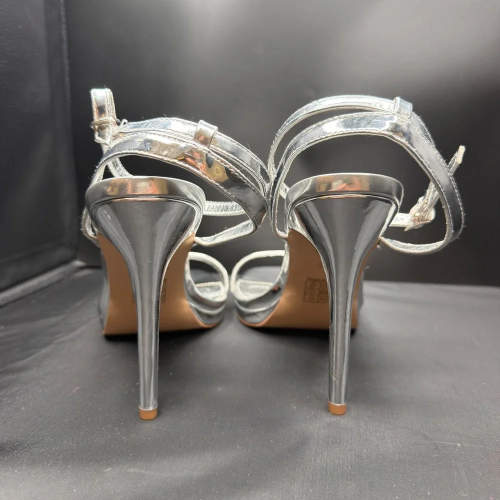 Elisabet Tang Womens Silver Metallic Square Toe Stiletto Ankle Strap Heels 11